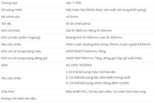 Thông số máy dán nhãn chai tròn UBL-T-200