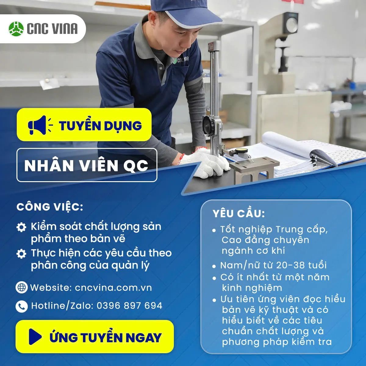 CNC VINA tuyển dụng nhân viên kiểm soát chất lượng QC tháng 12.2024