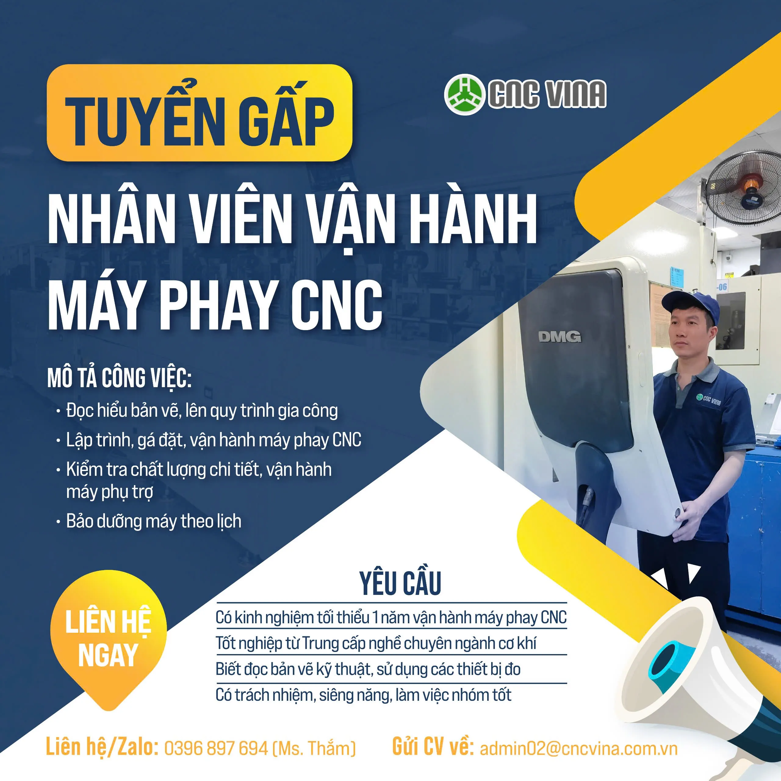 CNC VINA tuyển dụng Nhân viên vận hành máy phay CNC