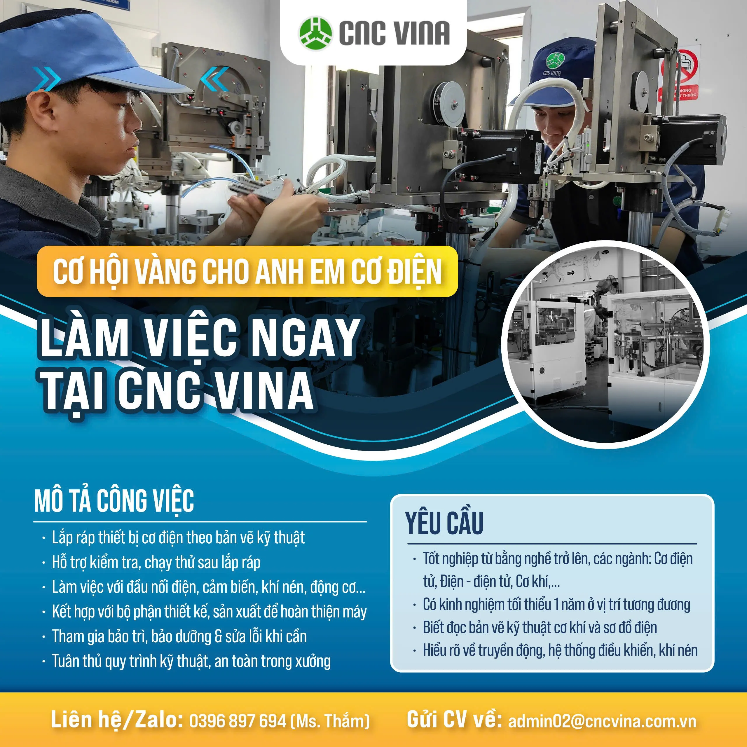 CNC VINA tuyển dụng Nhân viên lắp ráp cơ điện