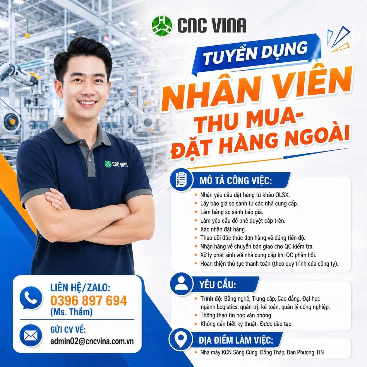 CNC VINA tuyen dung Nhan vien Dat hang Gia cong Ngoai
